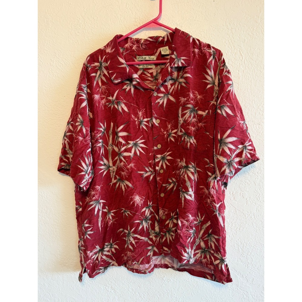 Batik Bay Mens XXL Red Silk Bamboo Leaf Print Short Sleeve Camp Shirt Hawaiian